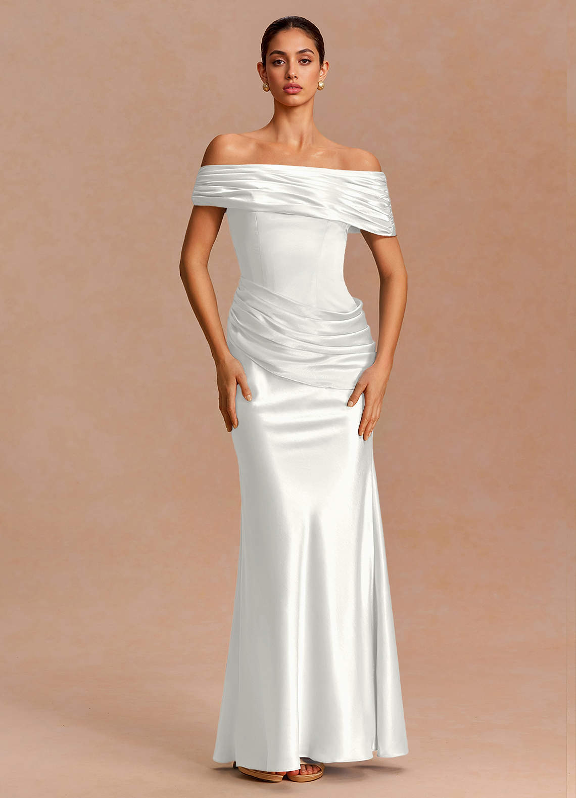 Leonie Strapless Draped-Shoulder Satin Evening Dress in White
