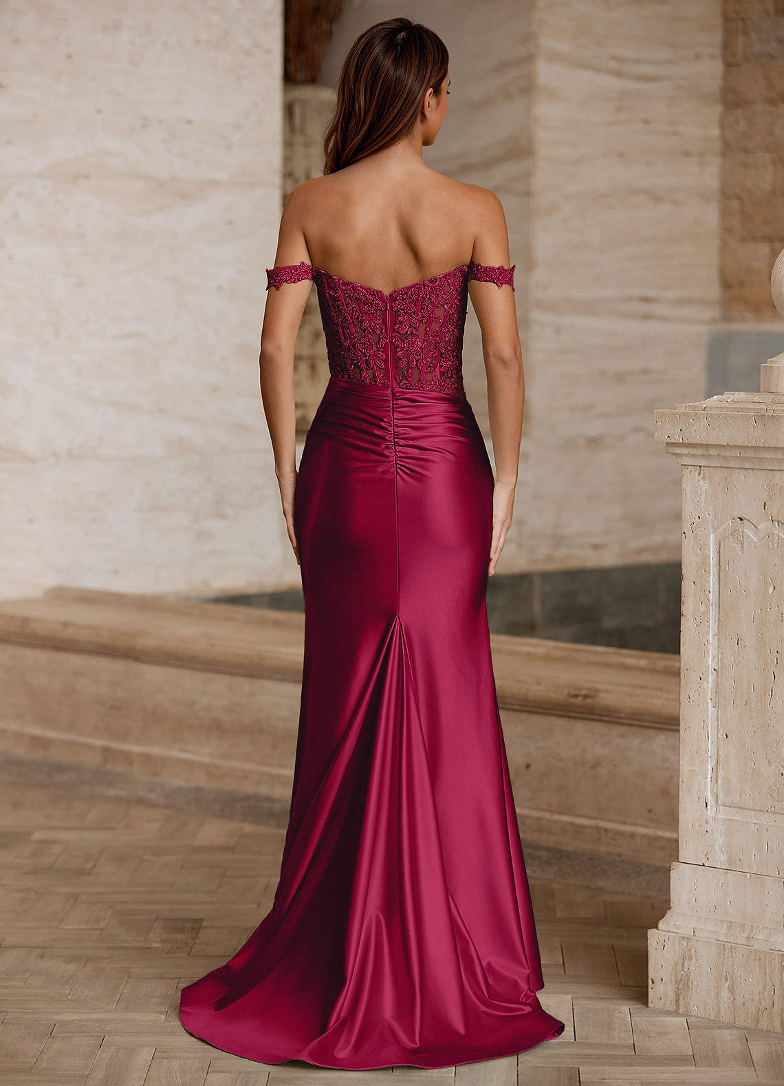 Wrentino Mermaid Off-the-Shoulder Stretch Satin Evening Dress in Burgundy