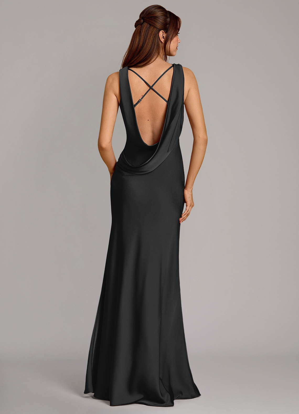 Cheryl Mermaid Cowl-Neck Stretch Satin Bridesmaid Dress in black