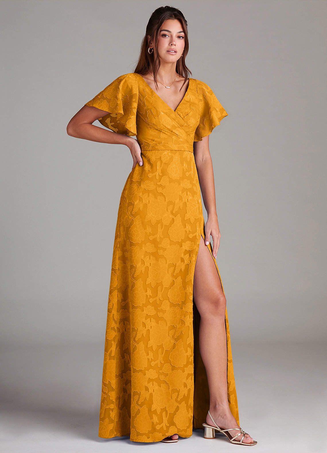 Ambrosia A-Line V-Neck Floral Burnout Bridesmaid Dress in butterscotch
