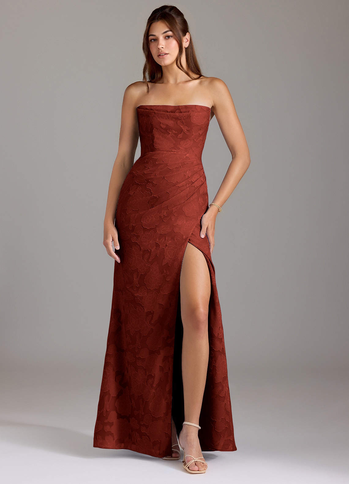 Leonis Sheath Strapless Floral Burnout Bridesmaid Dress in Terracotta