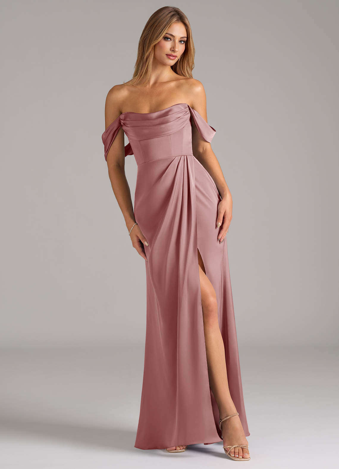Johana Mermaid Off-the-Shoulder Stretch Satin Bridesmaid Dress in dusty rose
