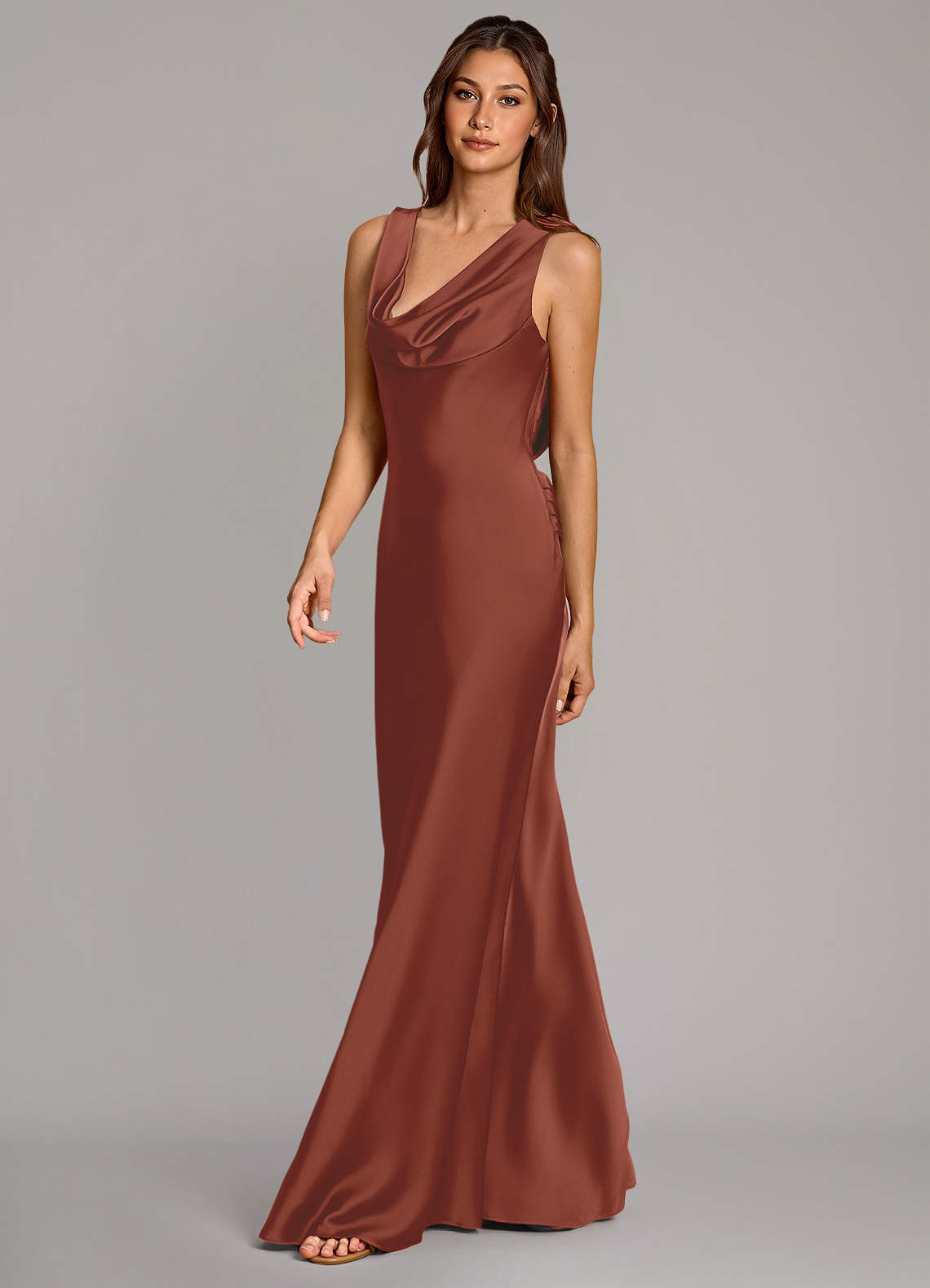 Cheryl Mermaid Cowl-Neck Stretch Satin Bridesmaid Dress in Auburn