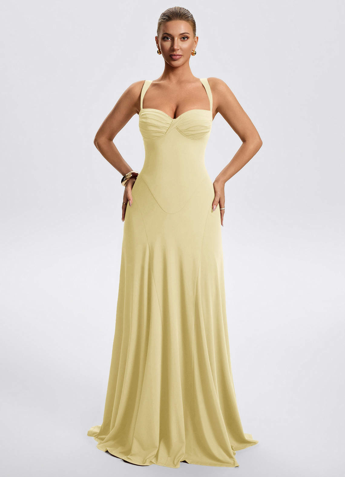 Zephira Fitted Sweetheart Godet Stretch Jersey Wedding Guest Dress in Lemon Sorbet