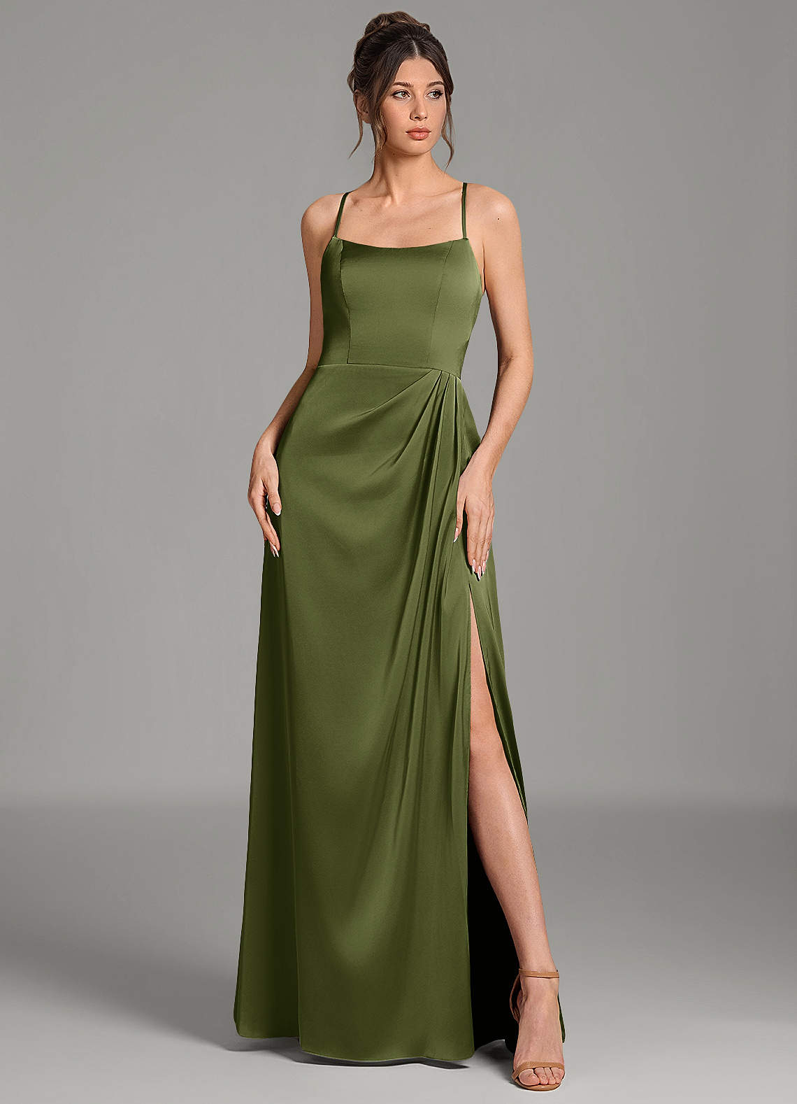 Frankie A-Line Scoop-Neck Stretch Satin Bridesmaid Dress in Olive