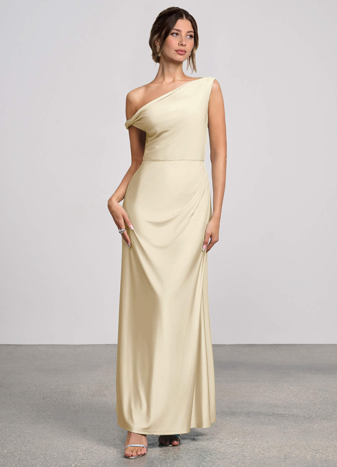 Elowen Mermaid One-Shoulder Glossy Knit Evening Dress in Champagne
