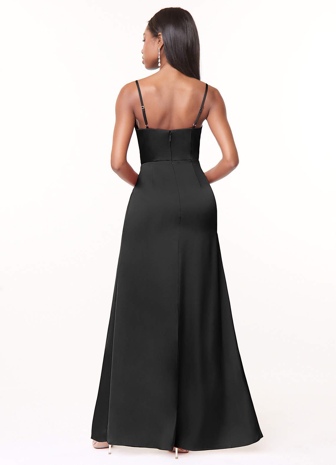 Maci A-Line V-Neck Stretch Satin Bridesmaid Dress in black
