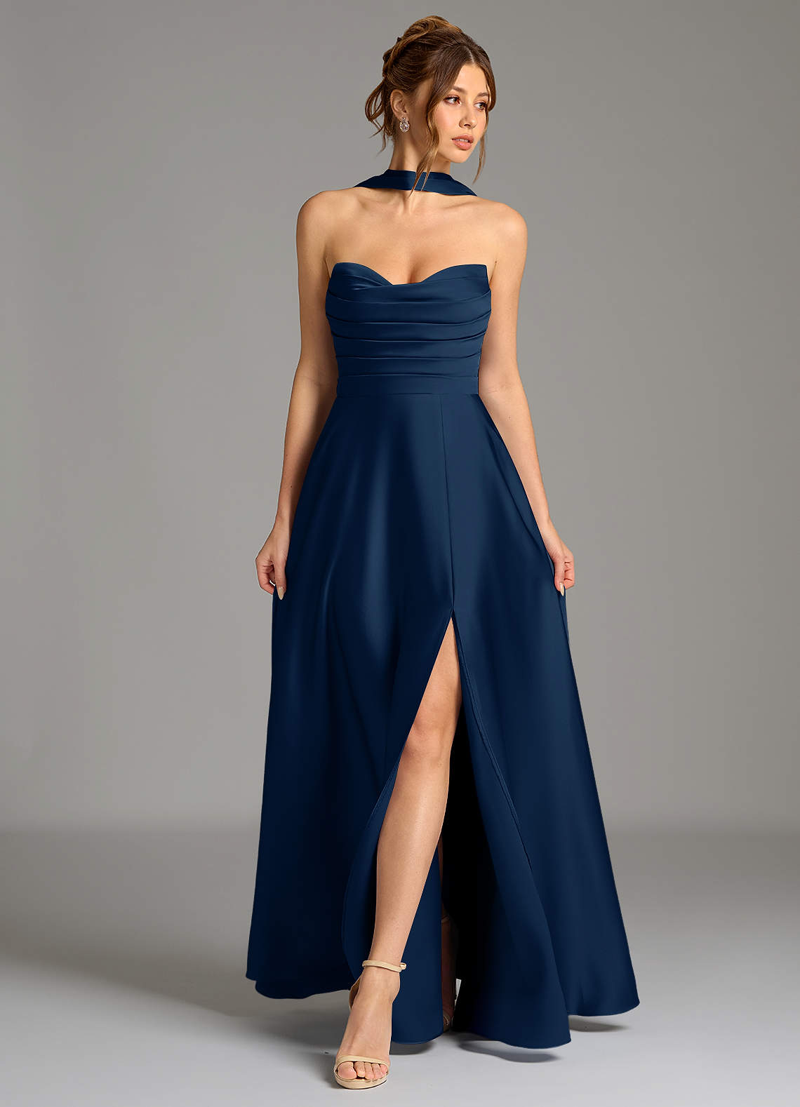 Ayla A-Line Sweetheart Stretch Satin Bridesmaid Dress in Dark Navy