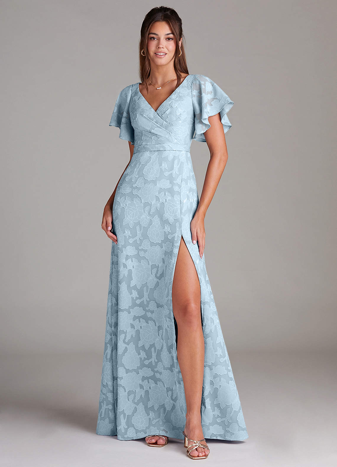 Ambrosia A-Line V-Neck Floral Burnout Bridesmaid Dress in Sky Blue