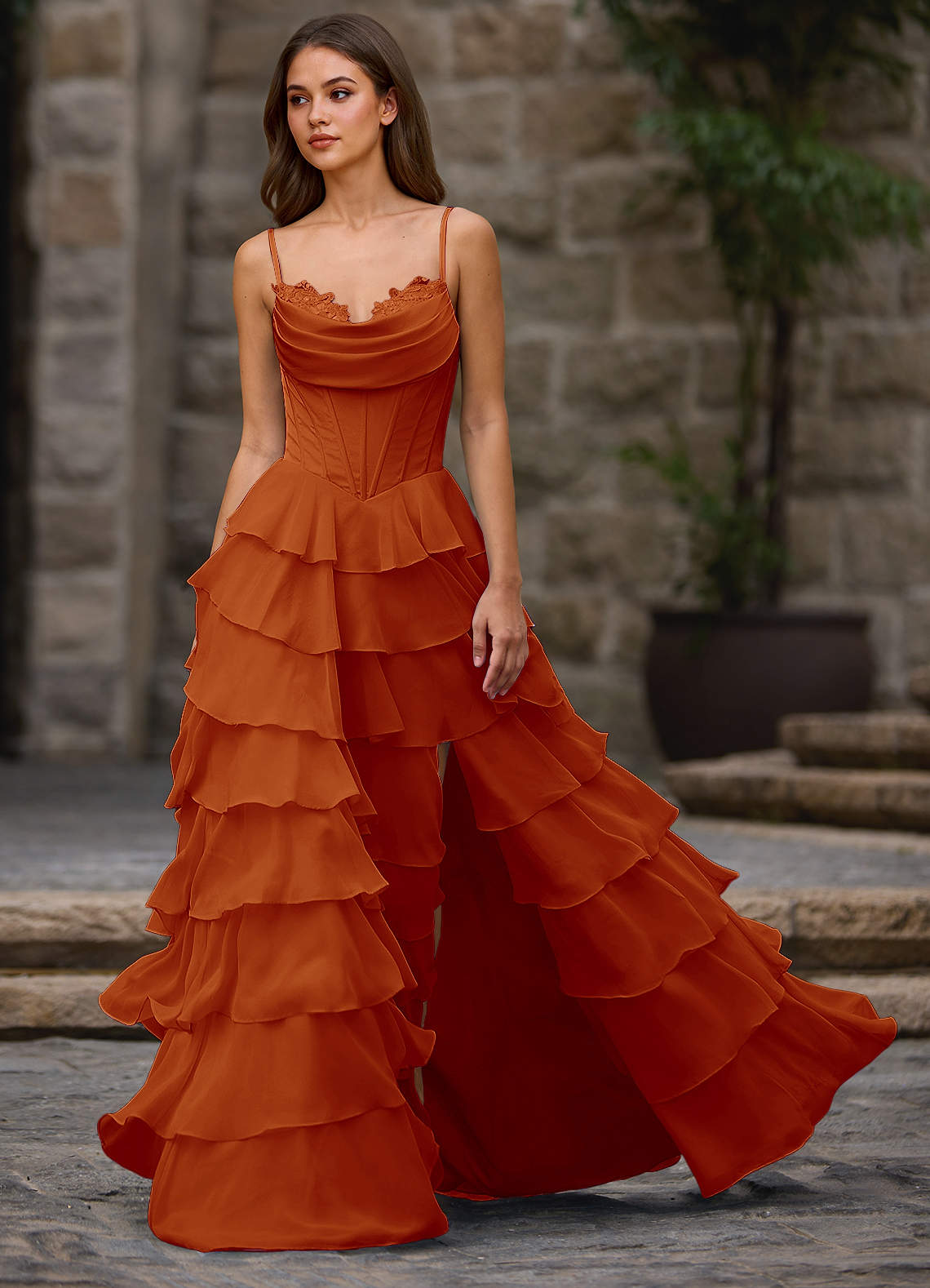 Floralace A-Line Ruffle Chiffon Evening Dress in Paprika