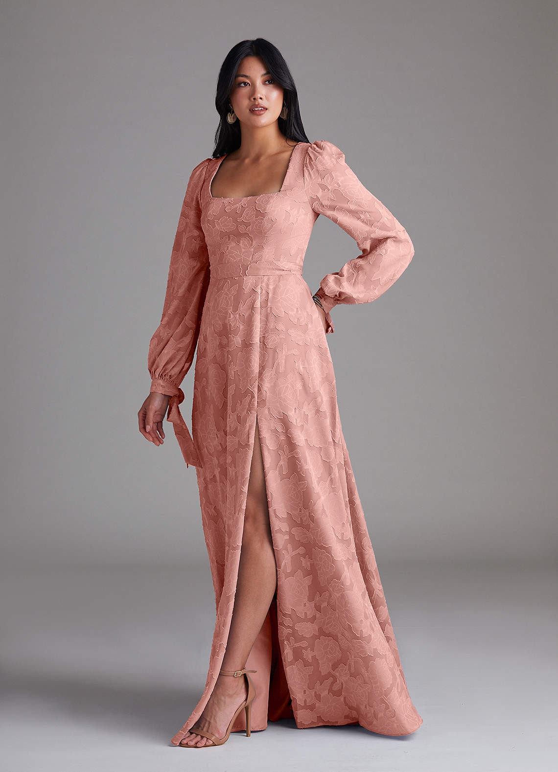 Leonia A-Line Square-Neck Stretch Satin Bridesmaid Dress in Rosette