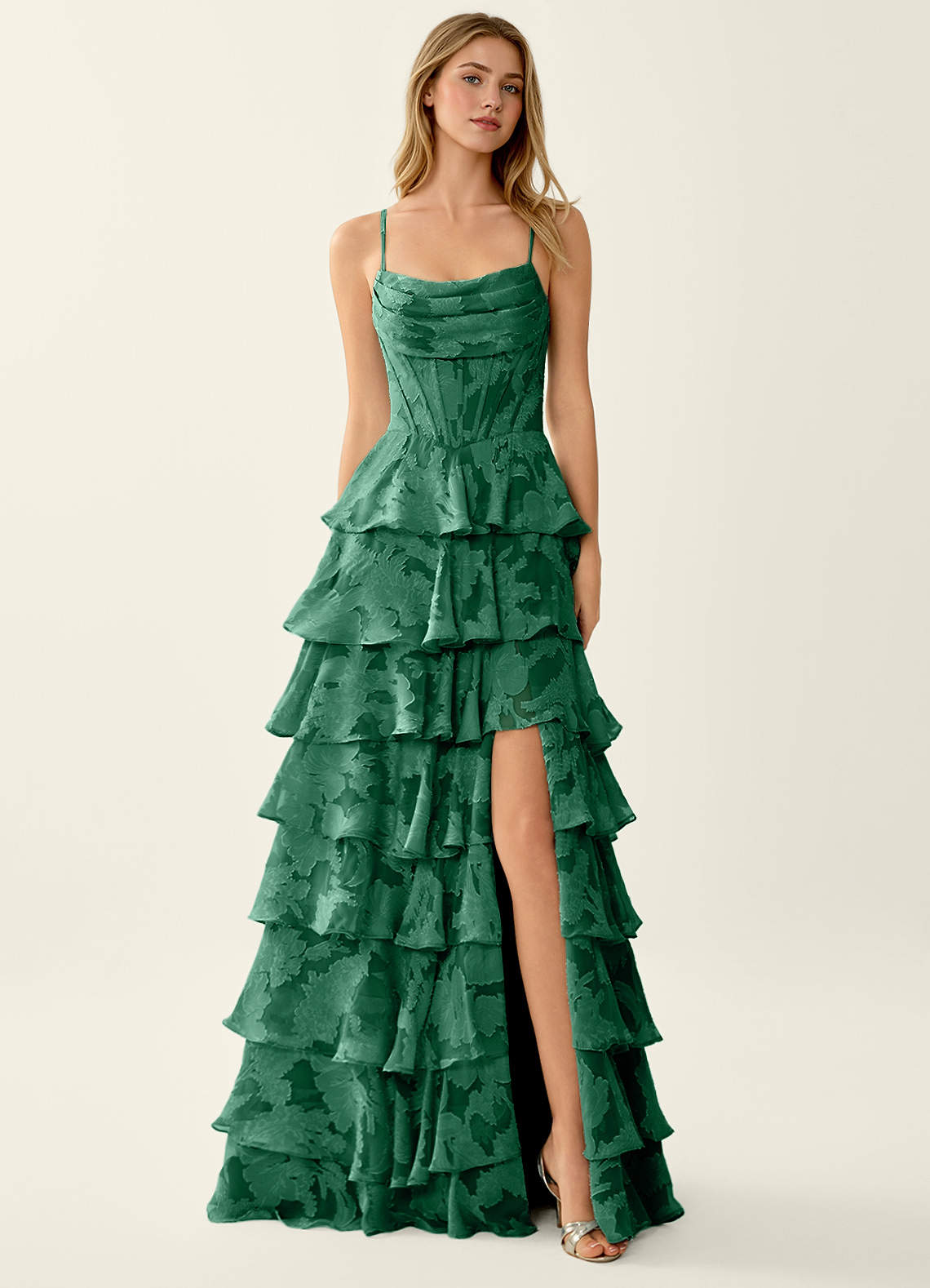 Wrenana A-Line Cowl-Neck Floral Burnout Evening Dress in Dark Green