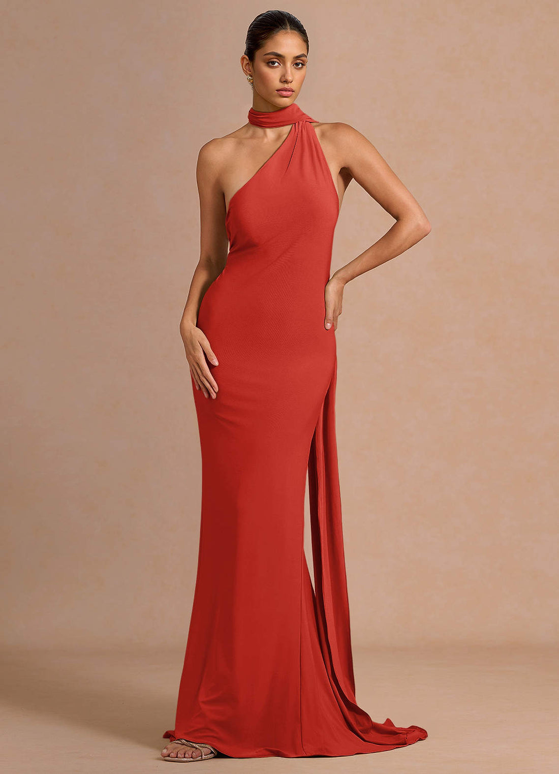 Miliani Sheath Neck-Tie Stretch Knit Evening Dress in Orange
