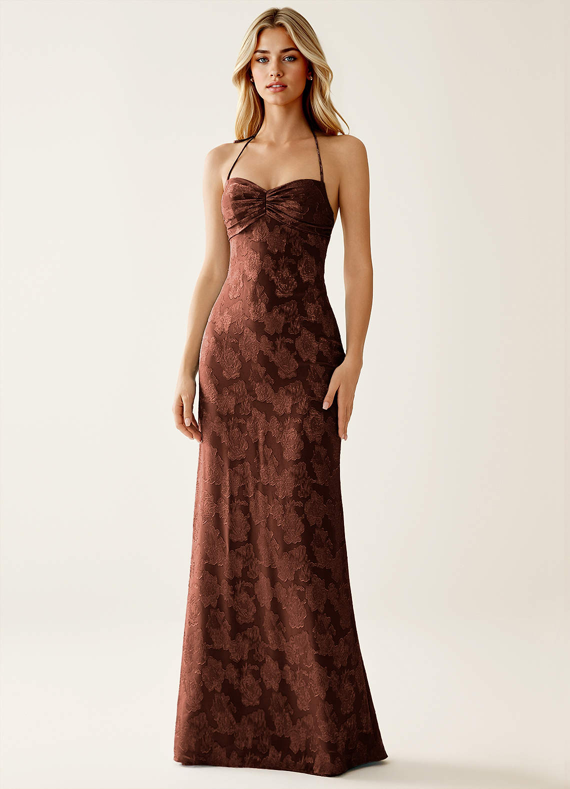 Angena Sheath Halter Floral Burnout Evening Dress in Mocha Coco