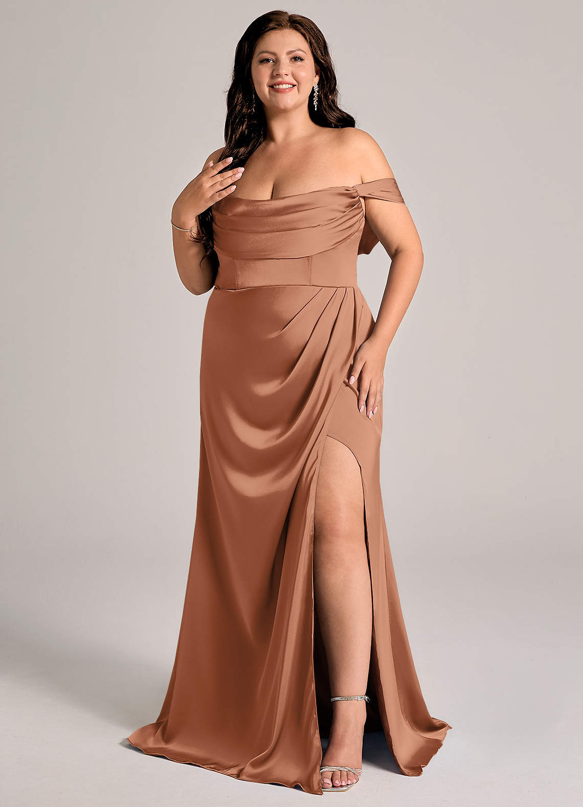 Johana Mermaid Off-the-Shoulder Stretch Satin Bridesmaid Dress in Bronzer