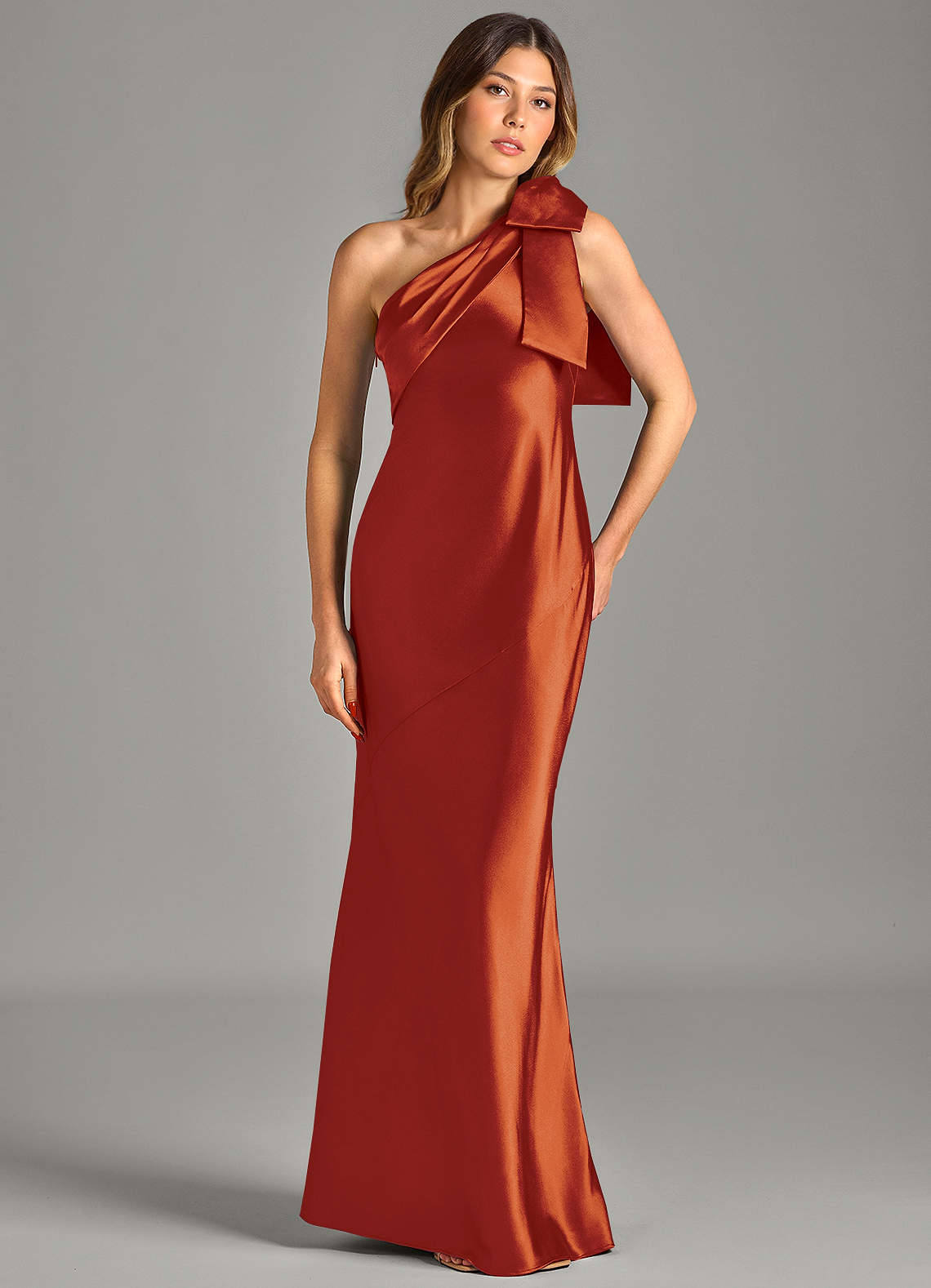 Yuanna Mermaid One-Shoulder Metallic Satin Bridesmaid Dress in Paprika