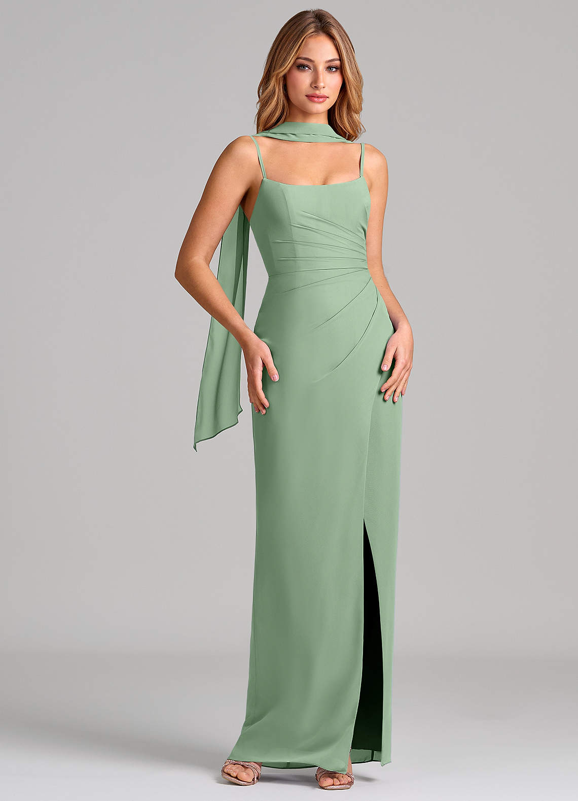 Calandra Sheath Scoop-Neck Chiffon Bridesmaid Dress in Matcha