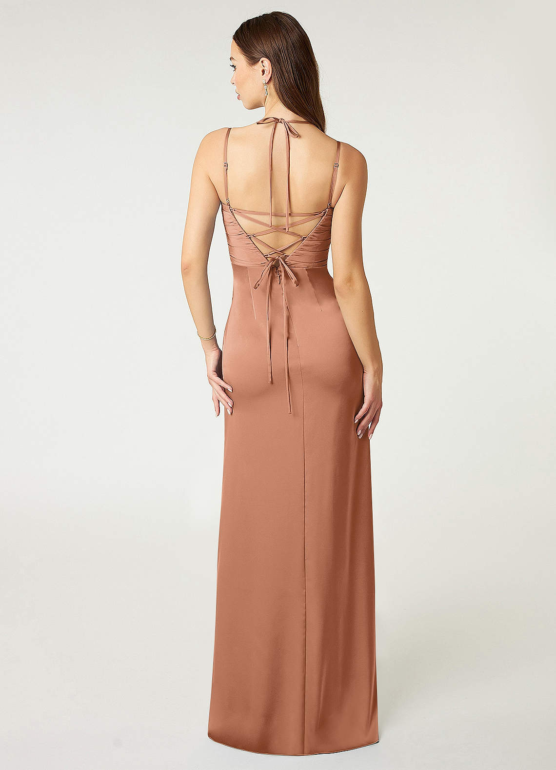 Desi Sheath Halter Stretch Satin Bridesmaid Dress in Bronzer
