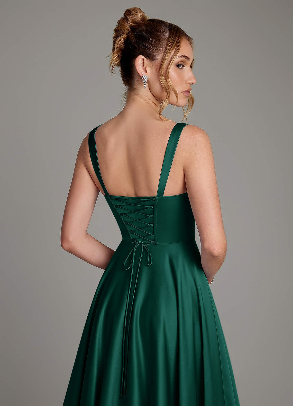 Azaria A-Line Square-Neck Stretch Satin Bridesmaid Dress in Emerald