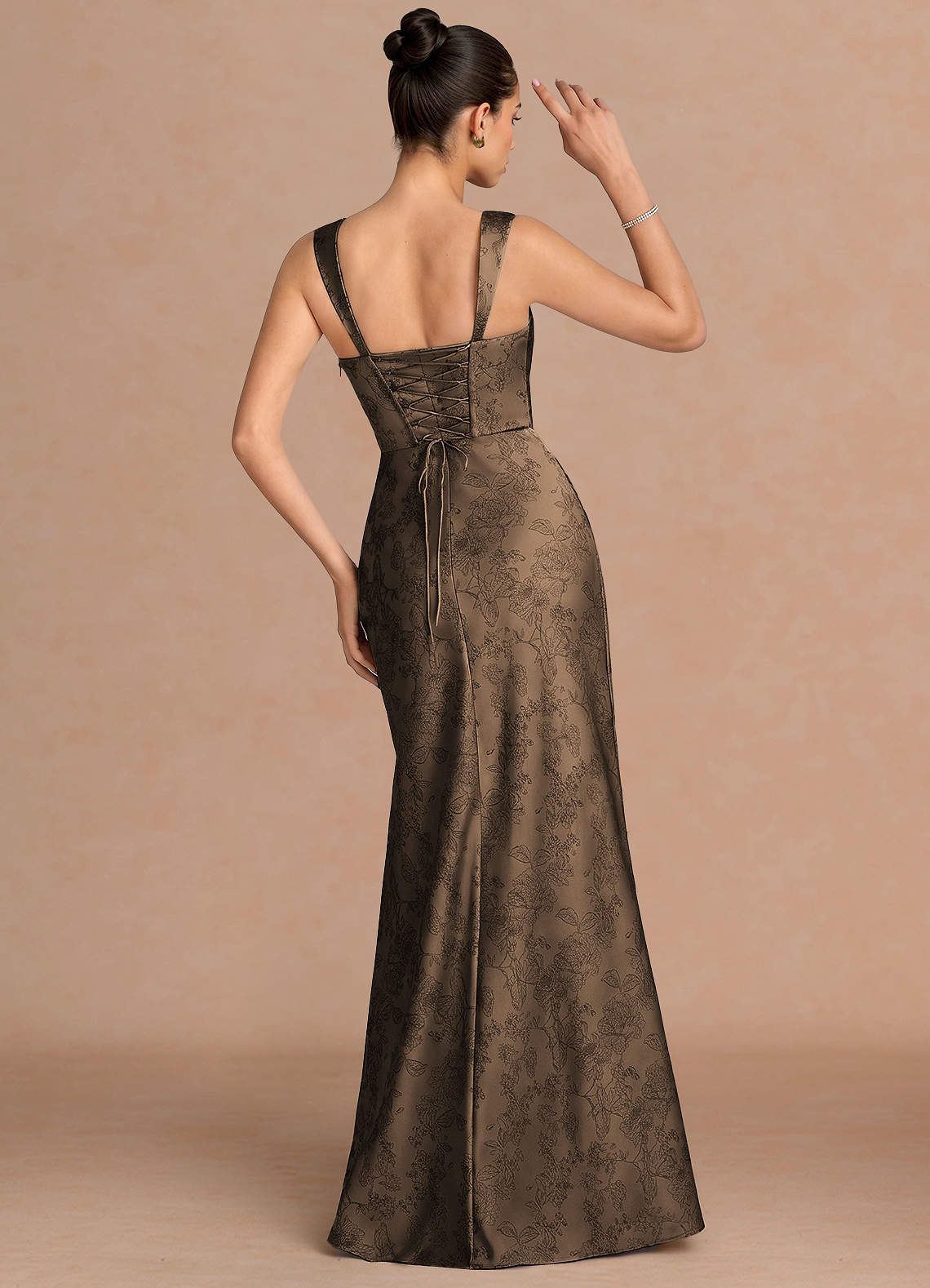 Agustina Square-Neck Pleated Jacquard Evening Dress in Coffee Brown