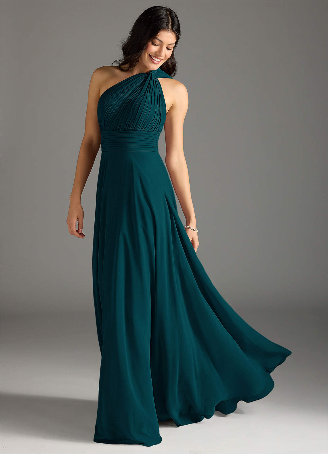 Charlize A-Line One-Shoulder Chiffon Bridesmaid Dress in Pine