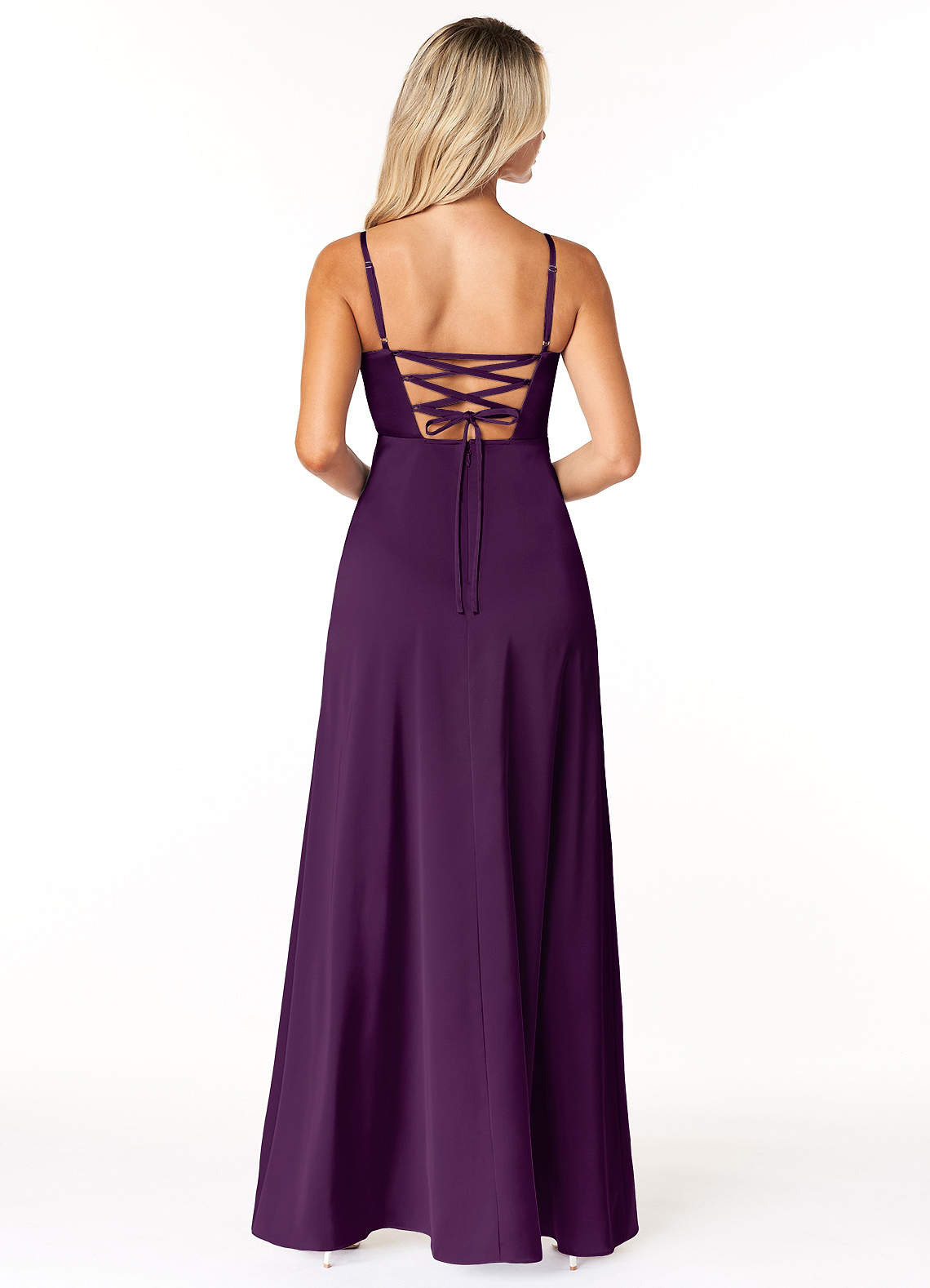 Marchella A-Line V-Neck Stretch Satin Bridesmaid Dress in Grape