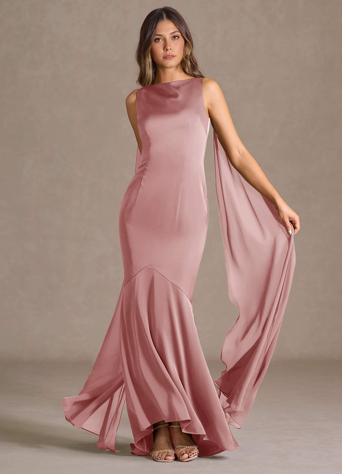 Wynne Mermaid Shoulder-Scarf Stretch Satin Evening Dress in Light Pink