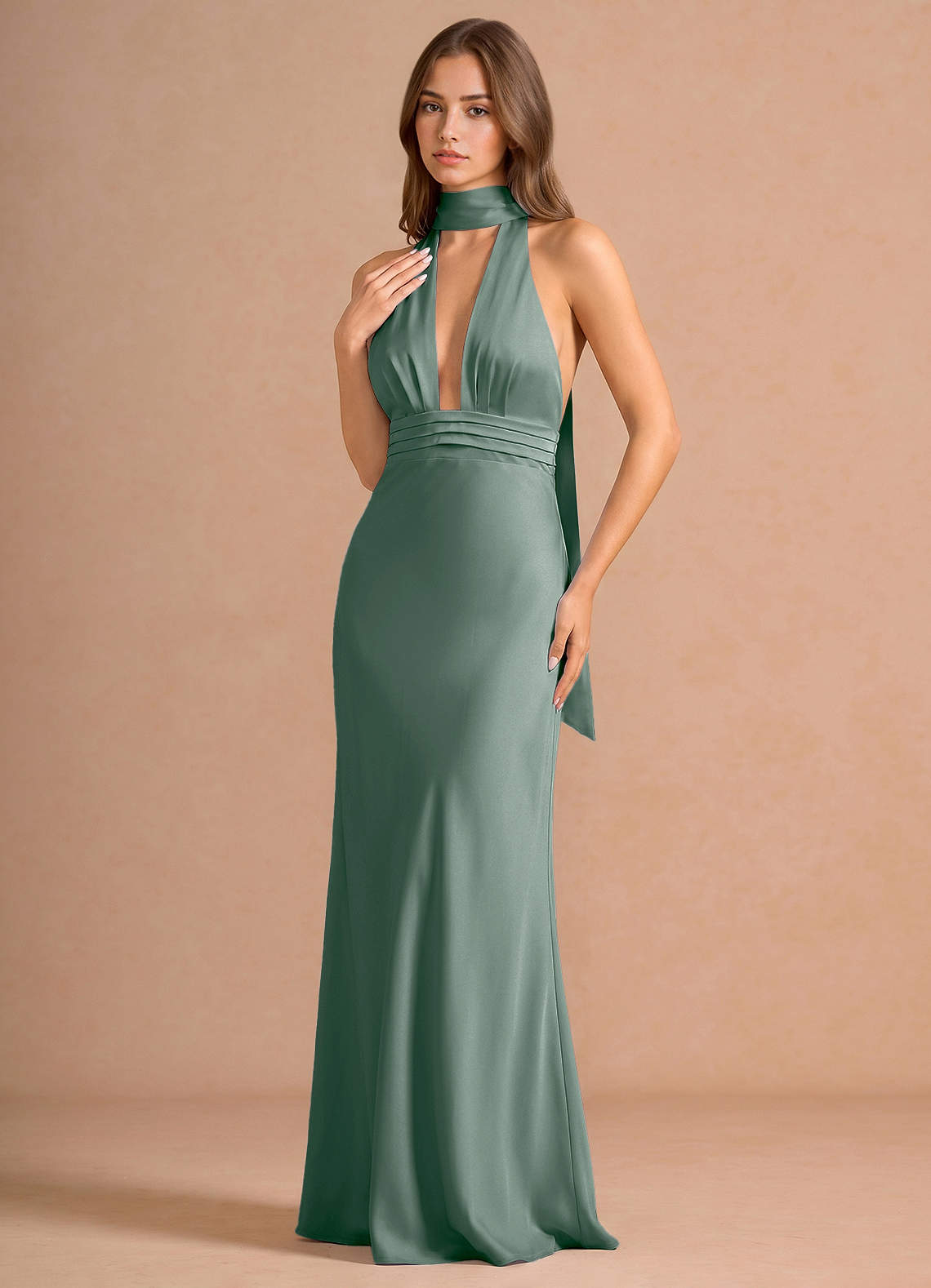 Linnea A-Line V-Neck Stretch Satin Evening Dress in Vintage Sage