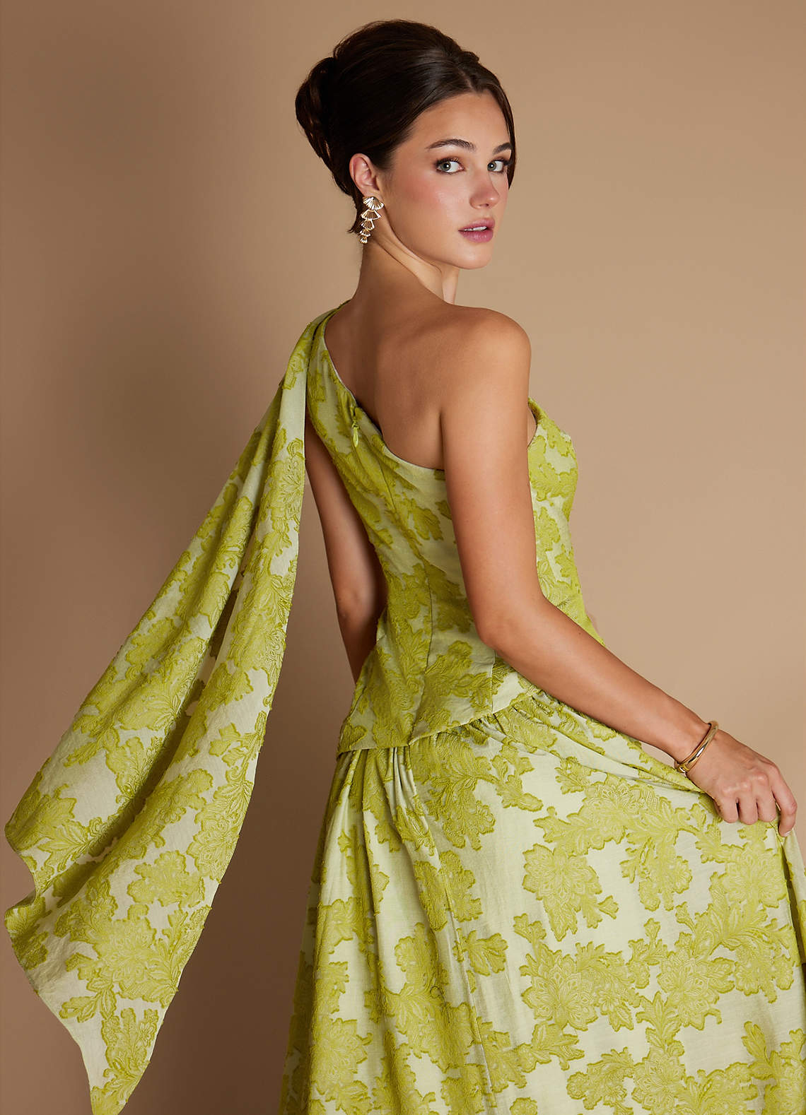 Nayra A-Line One-Shoulder Burnout Wedding Guest Dress in Vintage Chartreuse