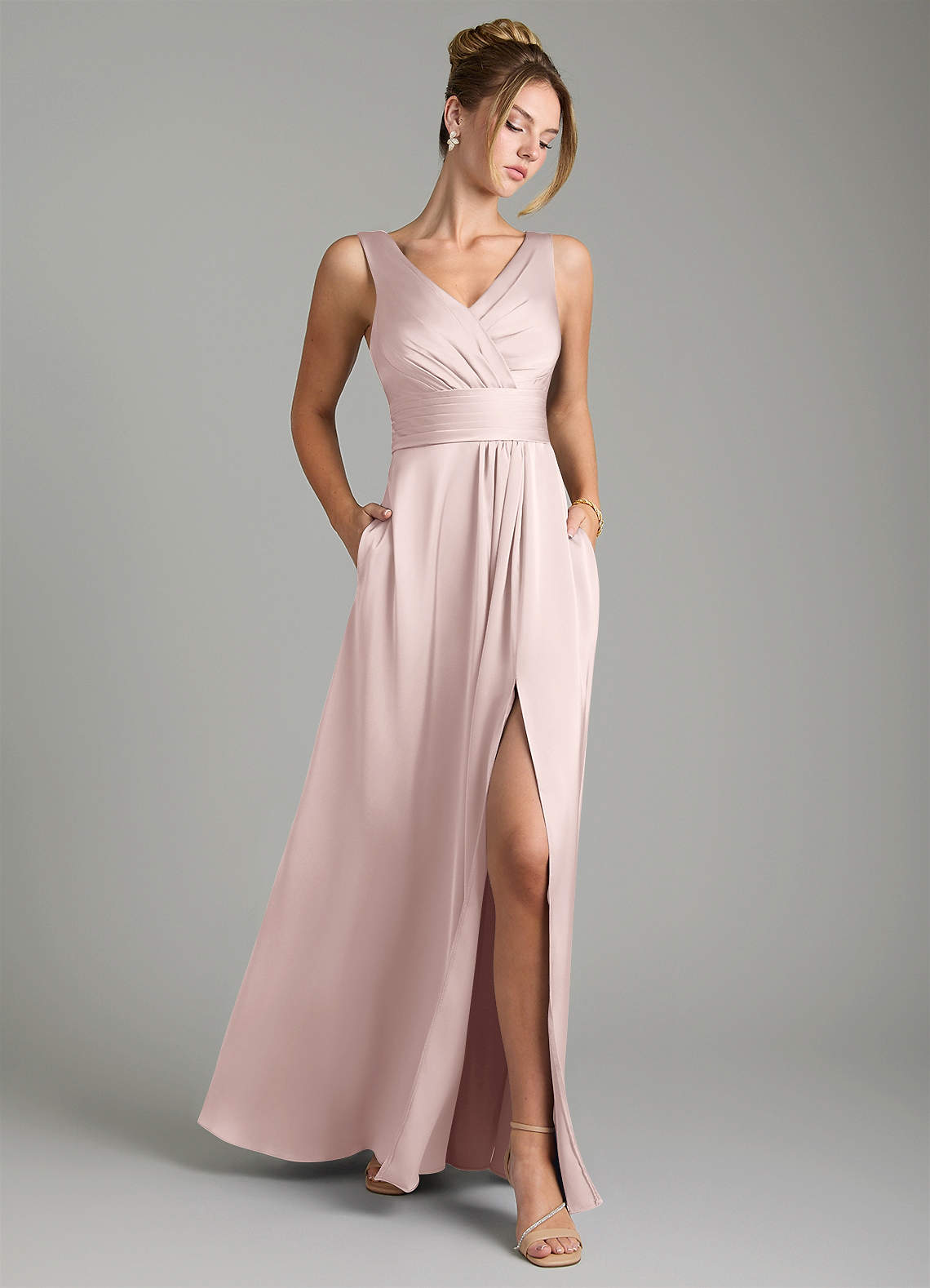 Karina A-Line V-Neck Stretch Satin Bridesmaid Dress in Blushing Pink