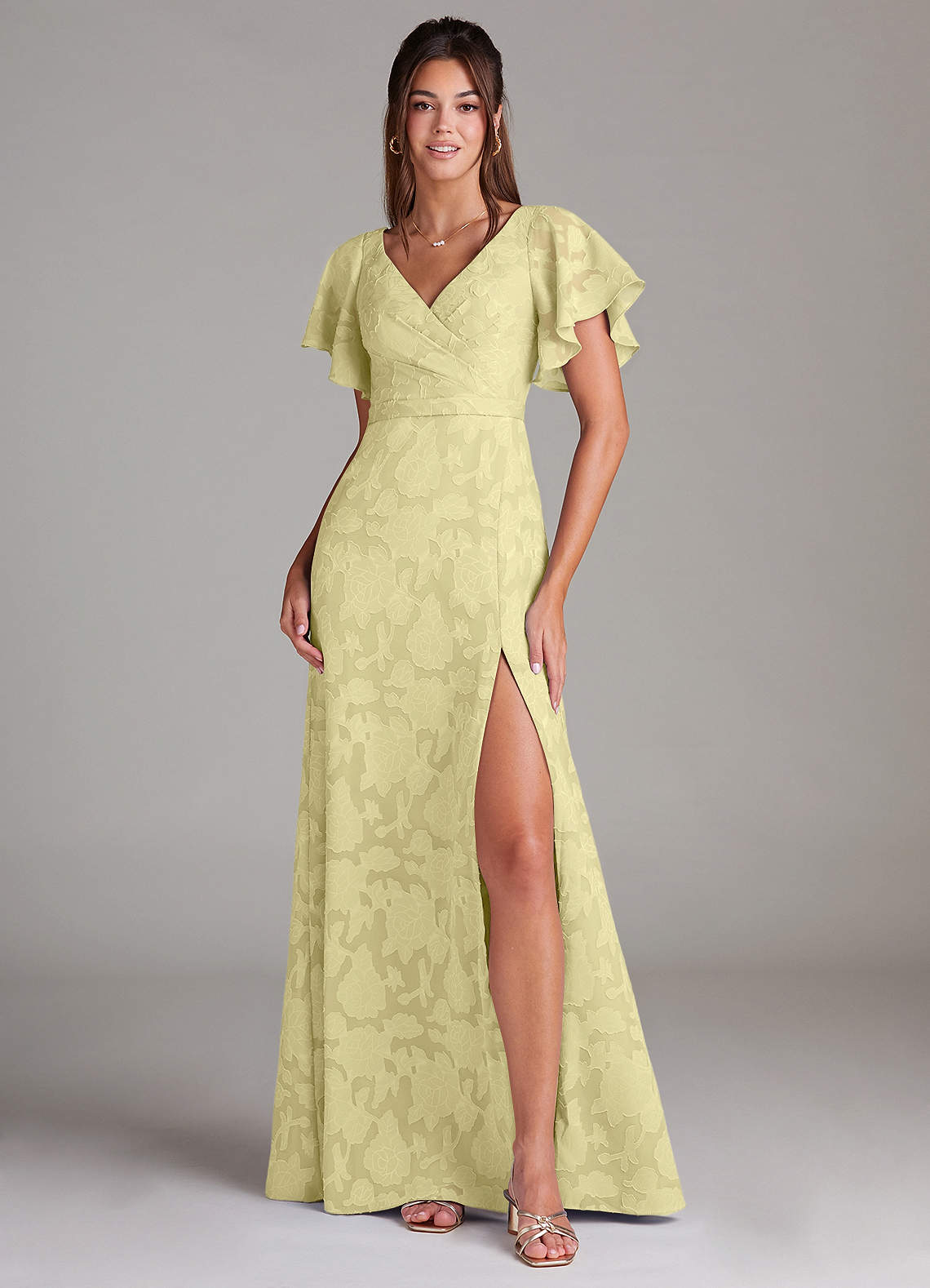 Ambrosia A-Line V-Neck Floral Burnout Bridesmaid Dress in Lemon Sorbet