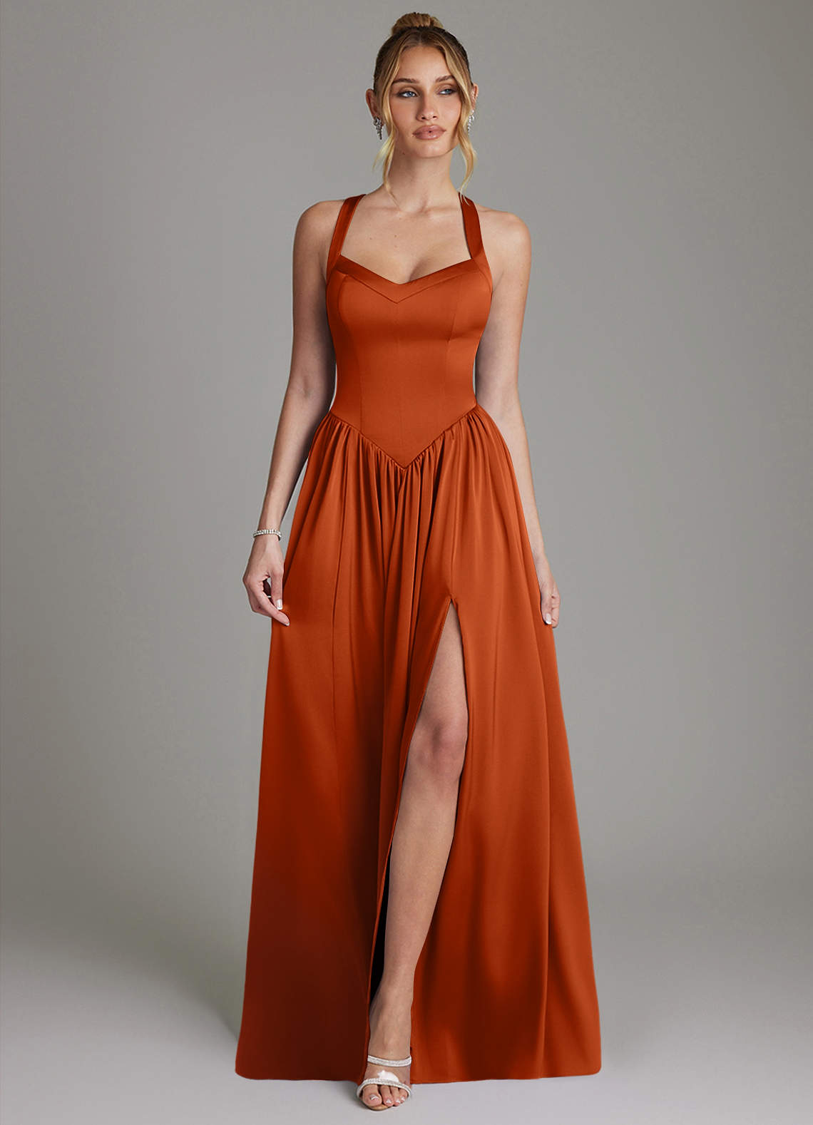 Francis A-Line V-Neck Stretch Satin Bridesmaid Dress in Burnt Orange