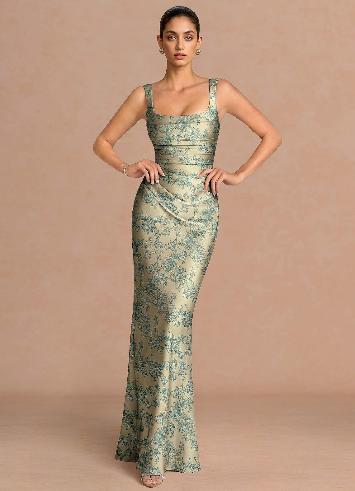Agustina Square-Neck Pleated Jacquard Evening Dress in Moss Navy