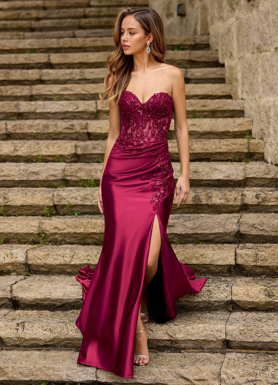 Emblace Mermaid Off-the-Shoulder Stretch Satin Evening Dress in Burgundy