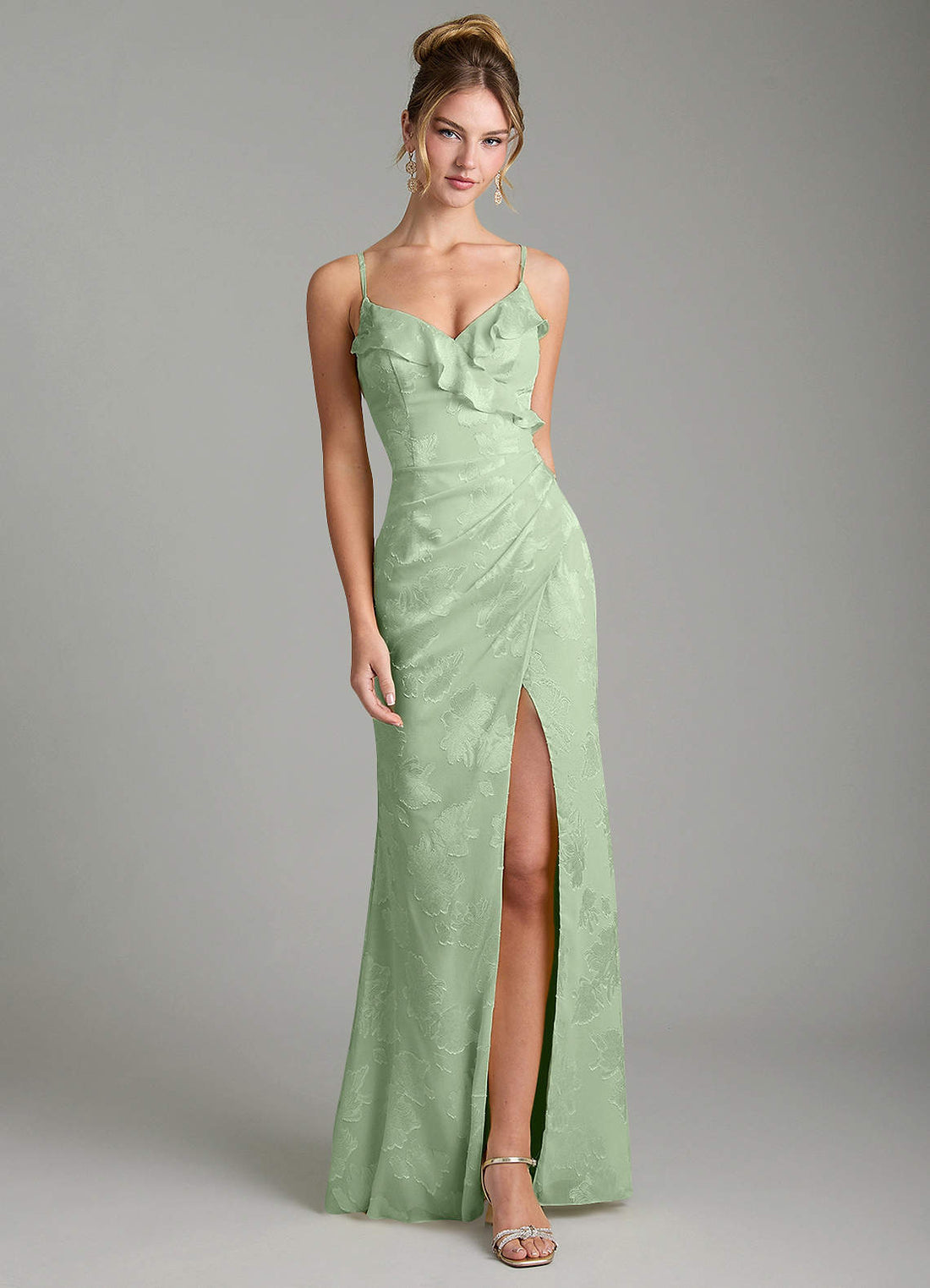 Larsa Mermaid V-Neck Jacquard Bridesmaid Dress in Dusty Sage