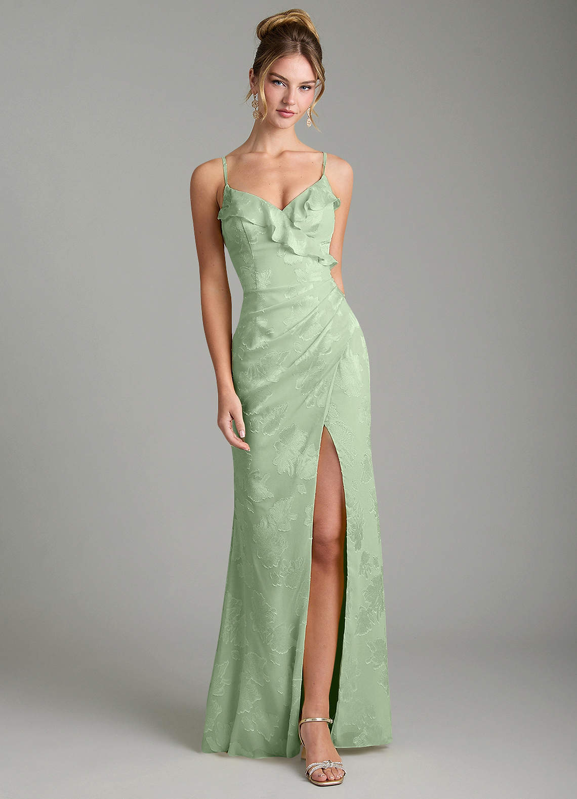 Larsa Mermaid V-Neck Jacquard Bridesmaid Dress in Dusty Sage