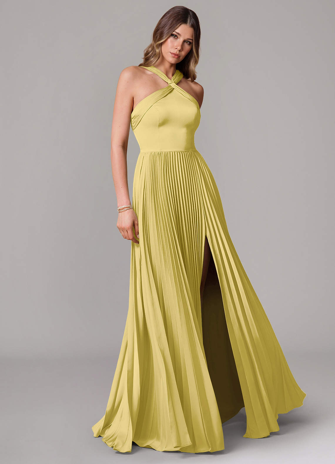 Afra A-Line Halter-Neck Stretch Satin Bridesmaid Dress in Canary