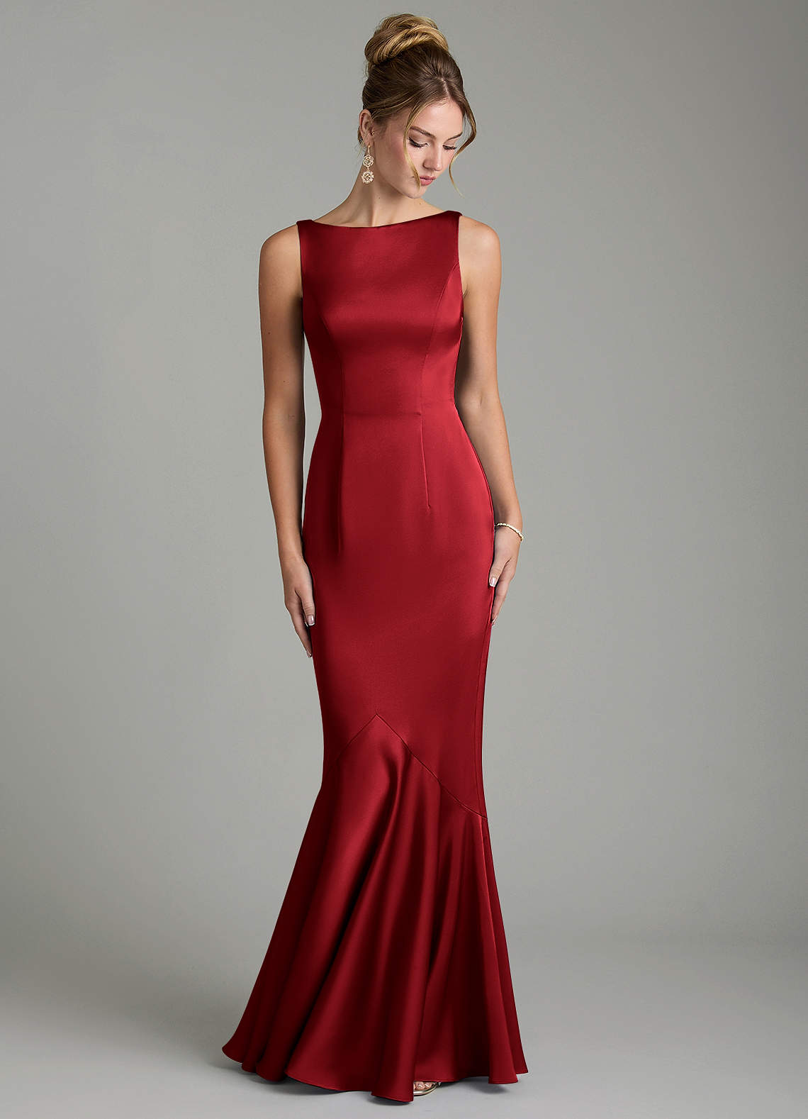 Tamera Mermaid Boat-Neck Stretch Satin and Chiffon Bridesmaid Dress in Scarlet