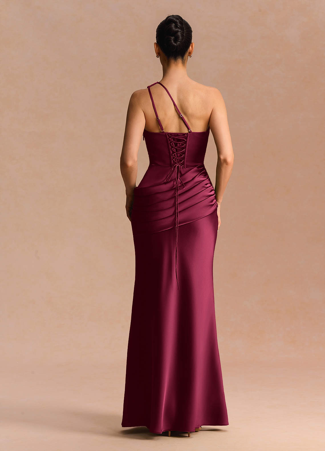 Guinevere One-Shoulder Cutout Stretch Satin Evening Dress in Merlot