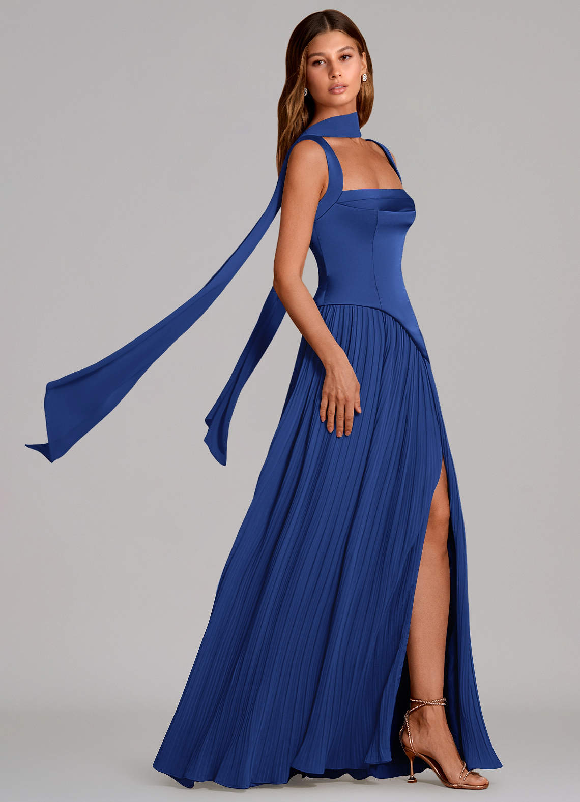 Stephanie A-Line Square-Neck Stretch Satin and Chiffon Bridesmaid Dress in Royal Blue