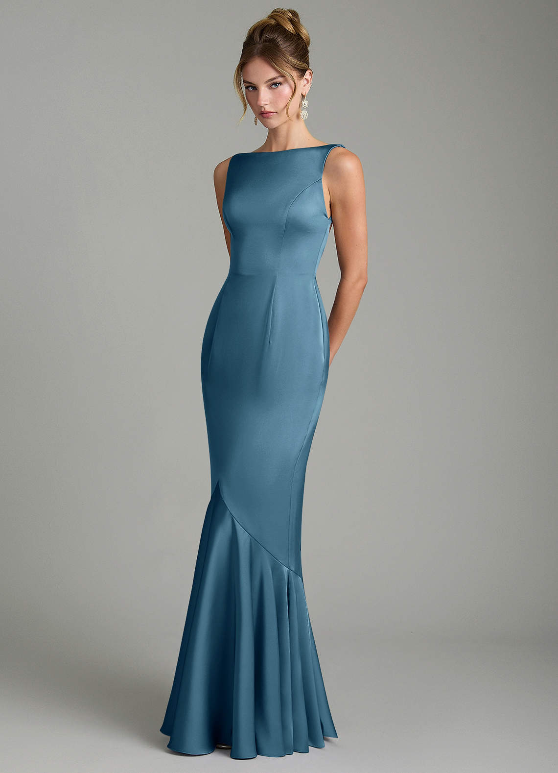 Tamera Mermaid Boat-Neck Stretch Satin and Chiffon Bridesmaid Dress in Bermuda