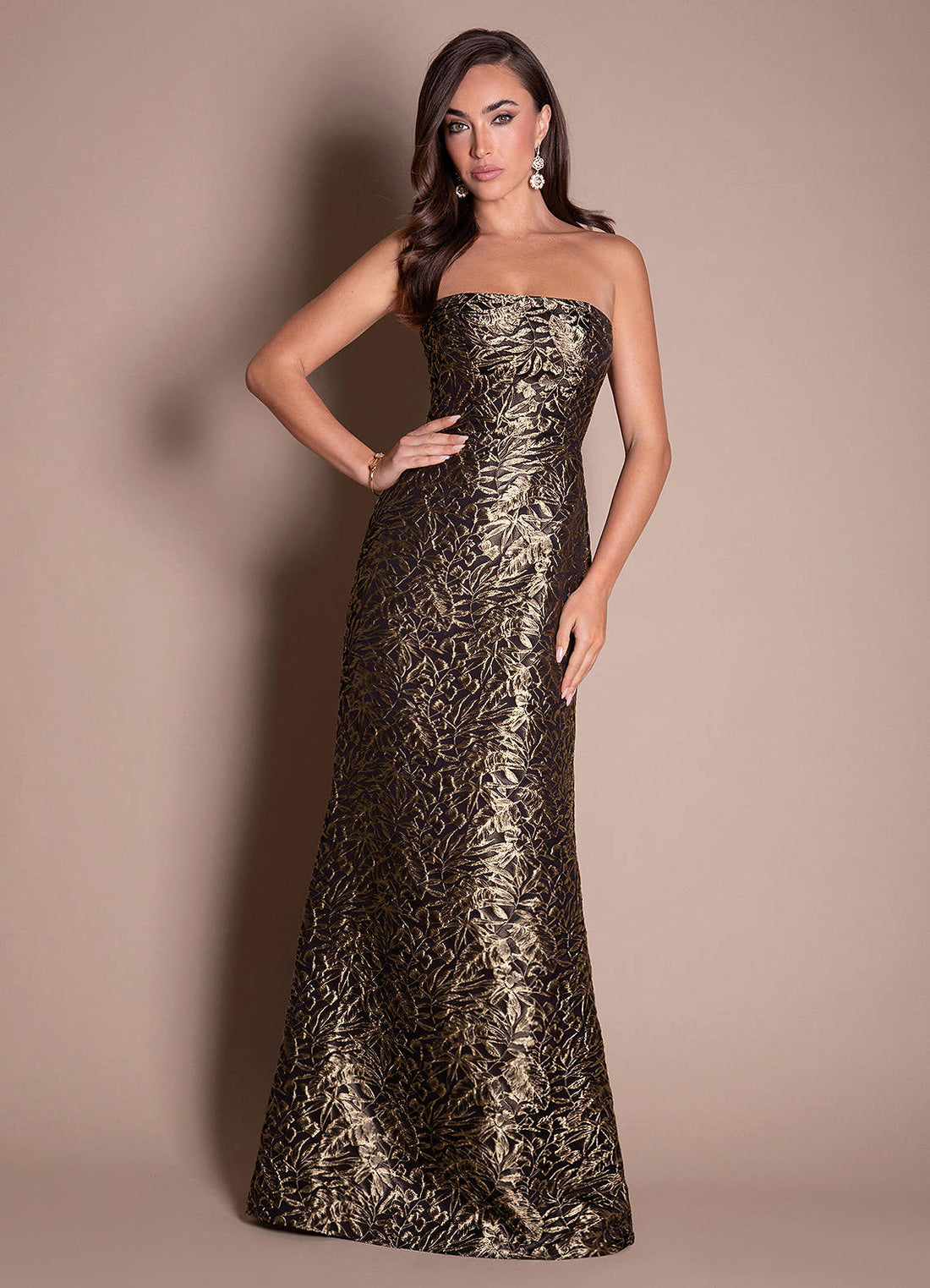 Amali Sheath Strapless Brocade Evening Dress in Ebony Gold