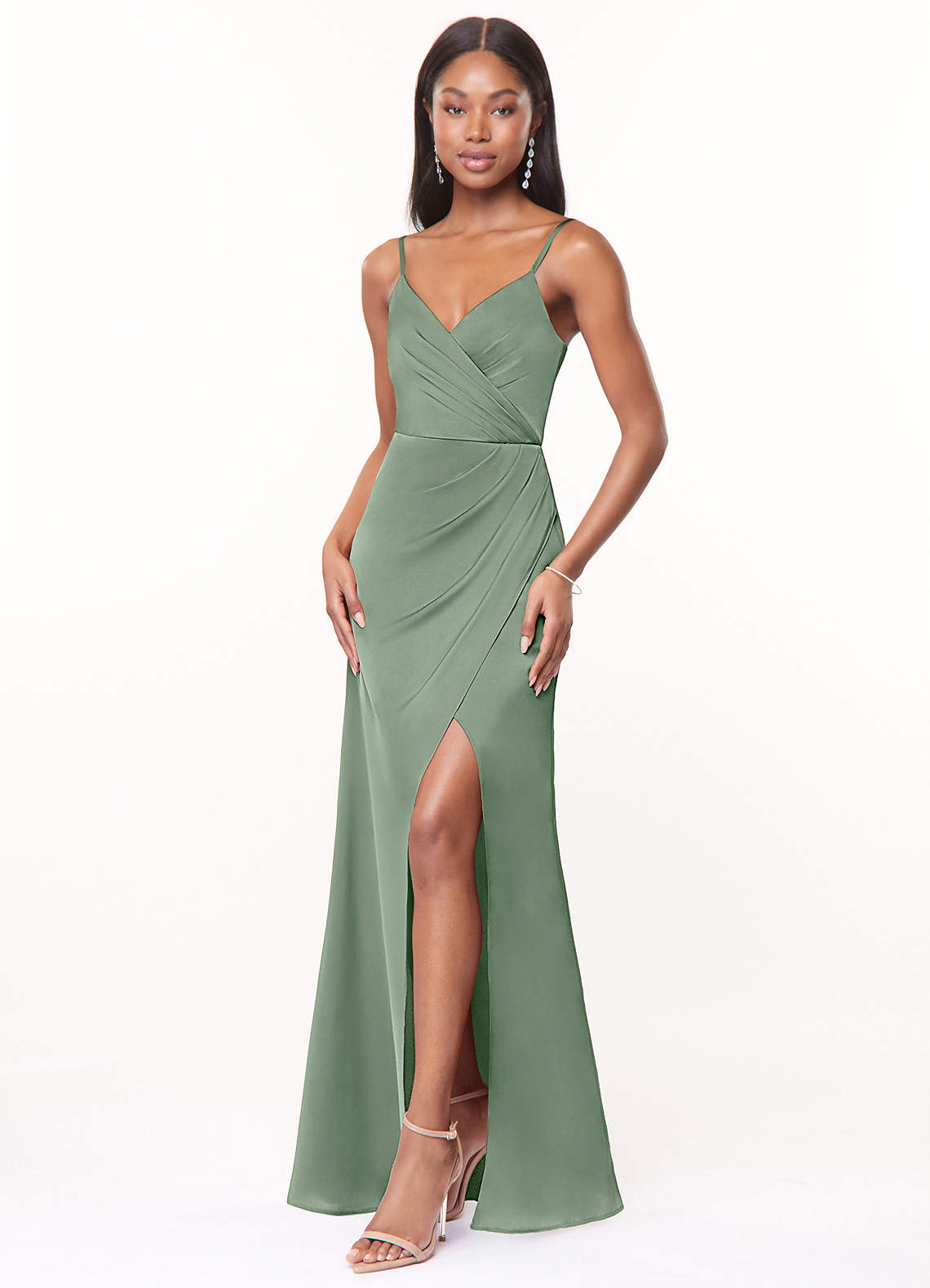 Maci A-Line V-Neck Stretch Satin Bridesmaid Dress in Matcha