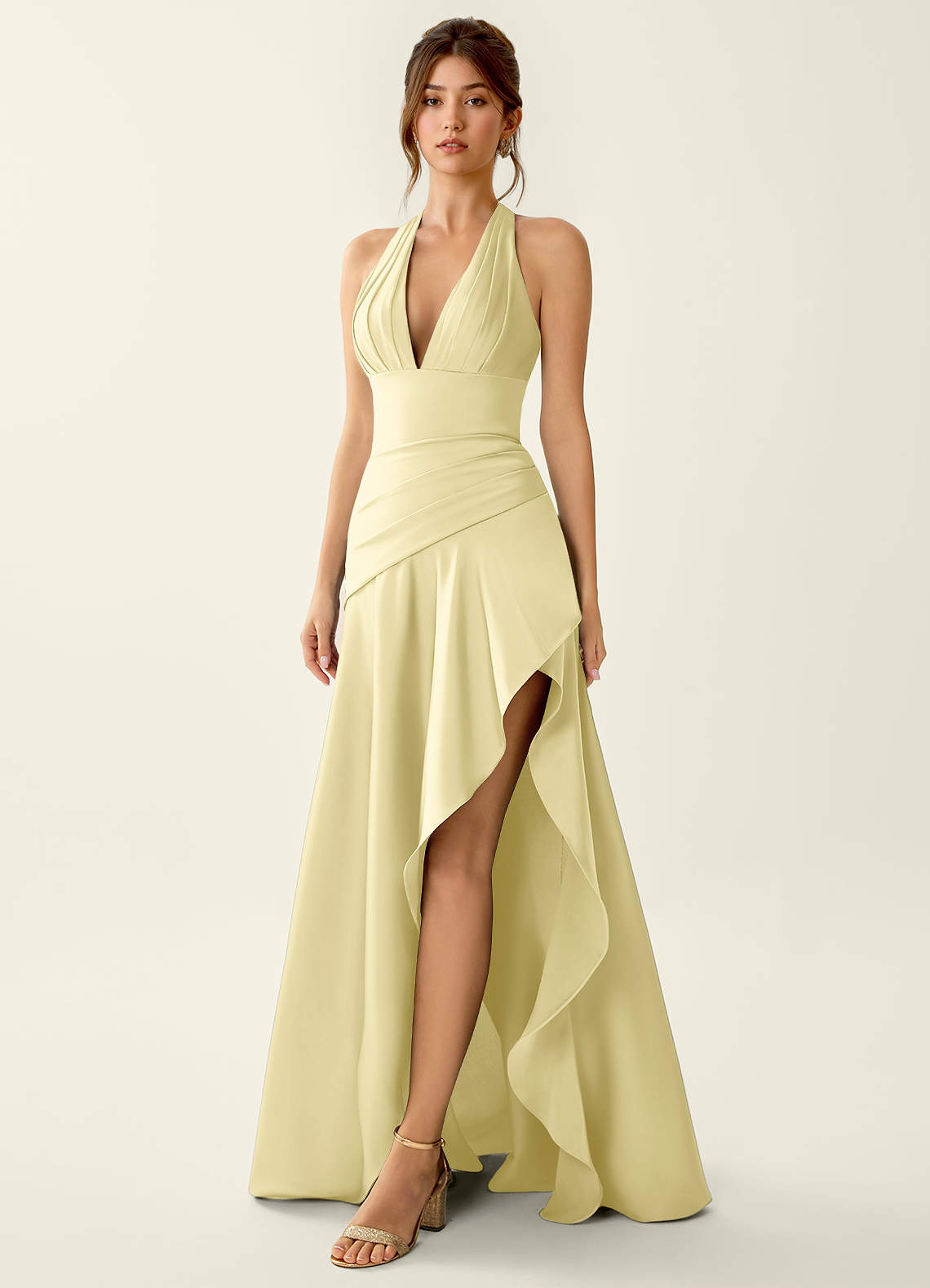 Titania Halter Asymmetric-Ruffle Satin Evening Dress in Pastel Yellow