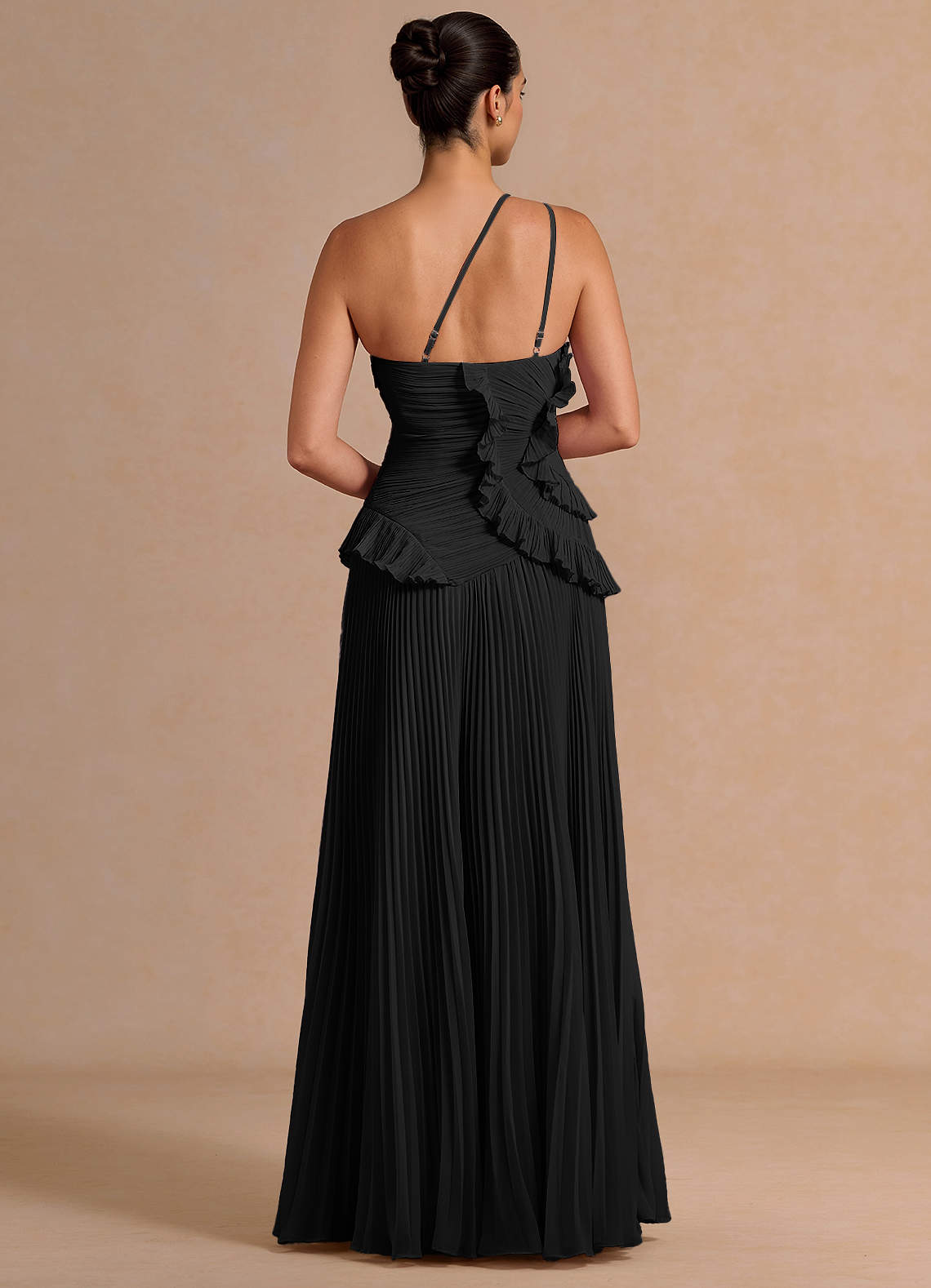 Melody A-Line One-Shoulder Chiffon Evening Dress in black