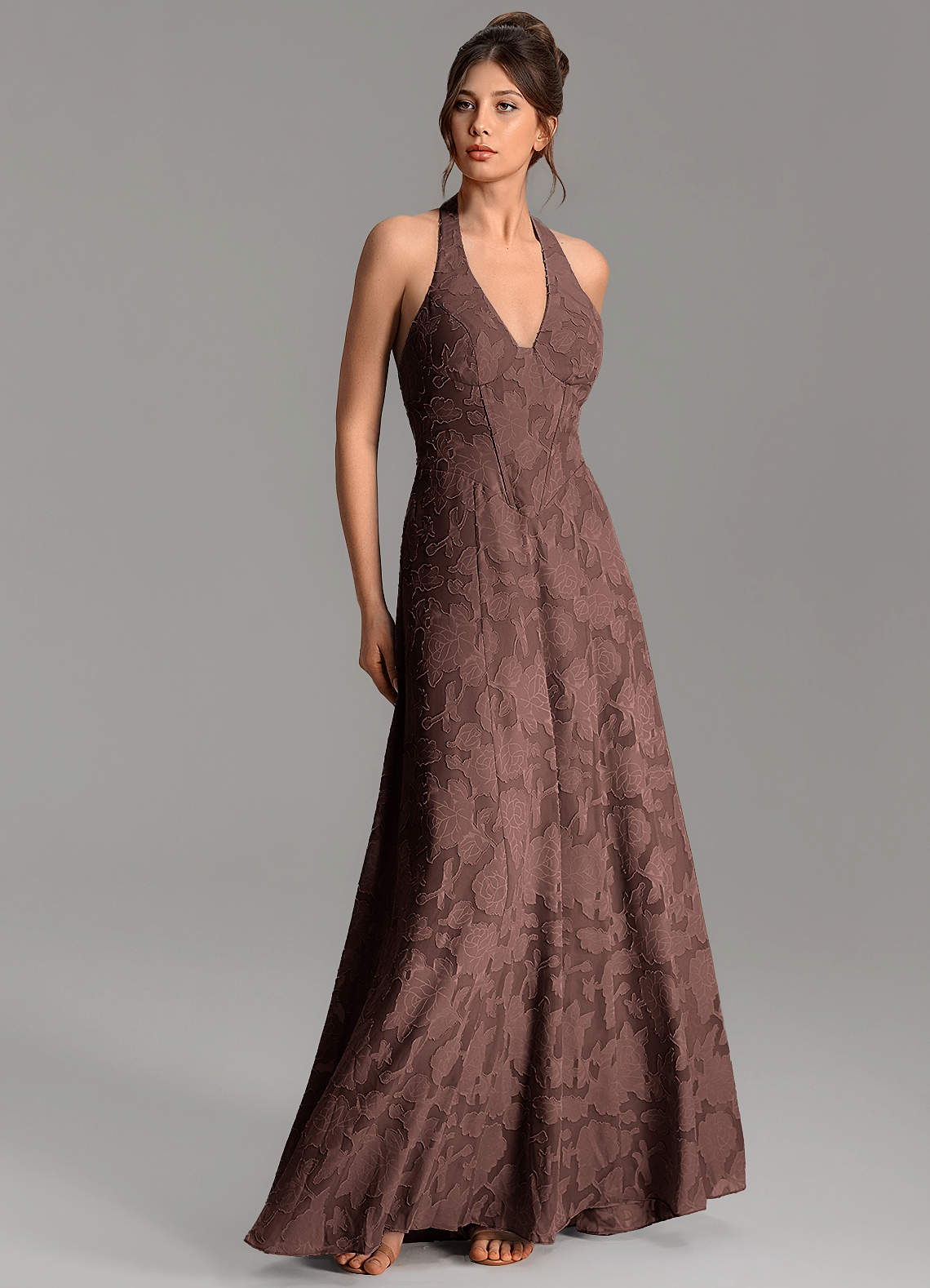 Nia A-Line V-Neck Floral Burnout Bridesmaid Dress in Ganache