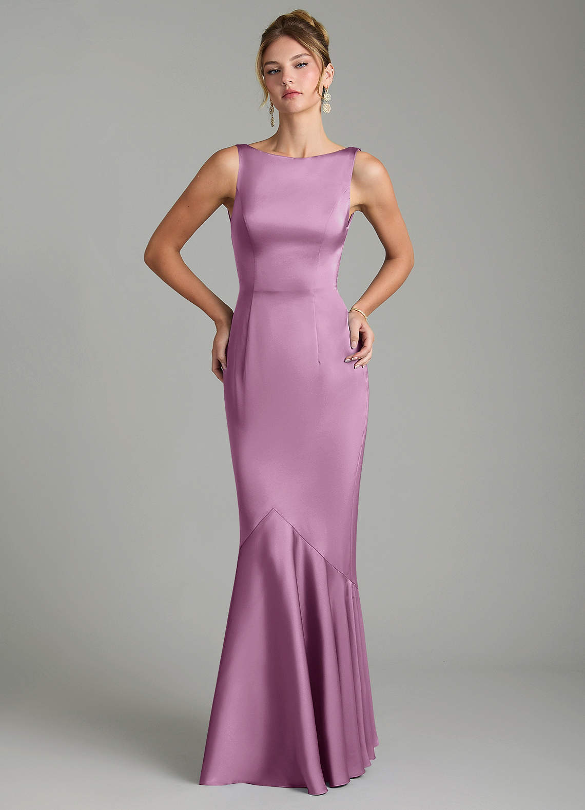 Tamera Mermaid Boat-Neck Stretch Satin and Chiffon Bridesmaid Dress in Wisteria