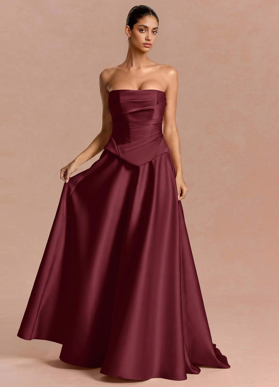 Eponine A-Line Pleated Stretch Satin Evening Dress in Wine