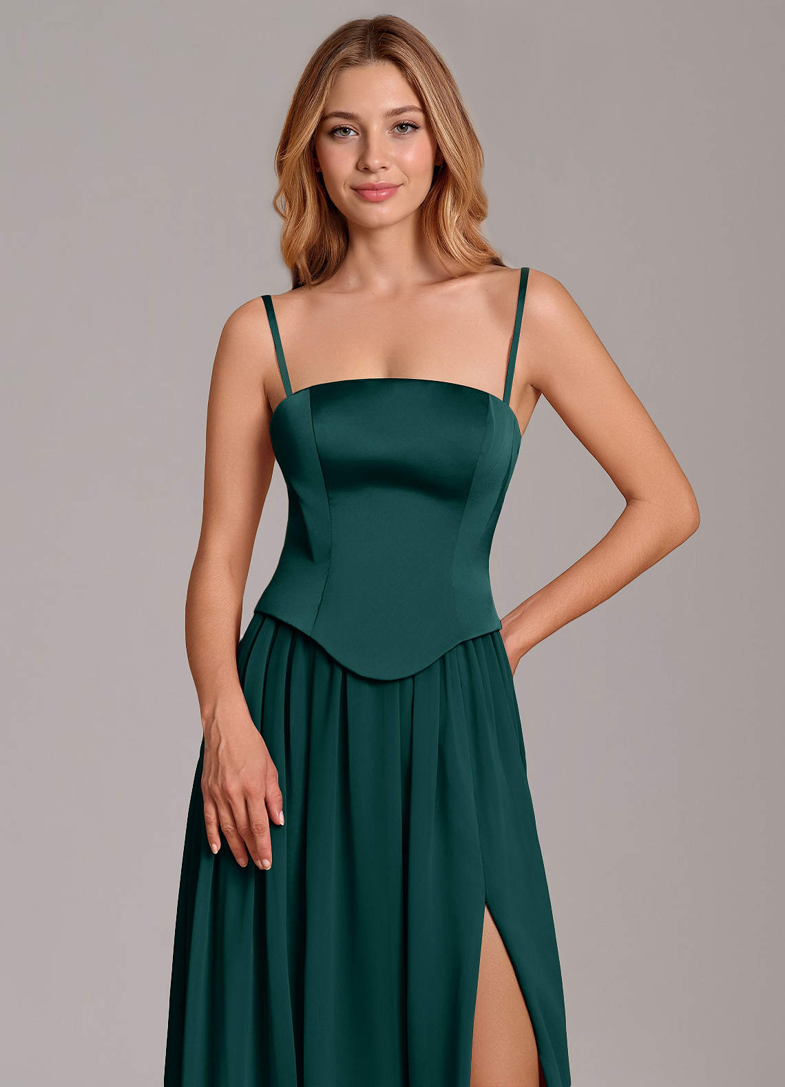 Cadence A-Line Strapless Chiffon and Stretch Satin Bridesmaid Dress in Pine
