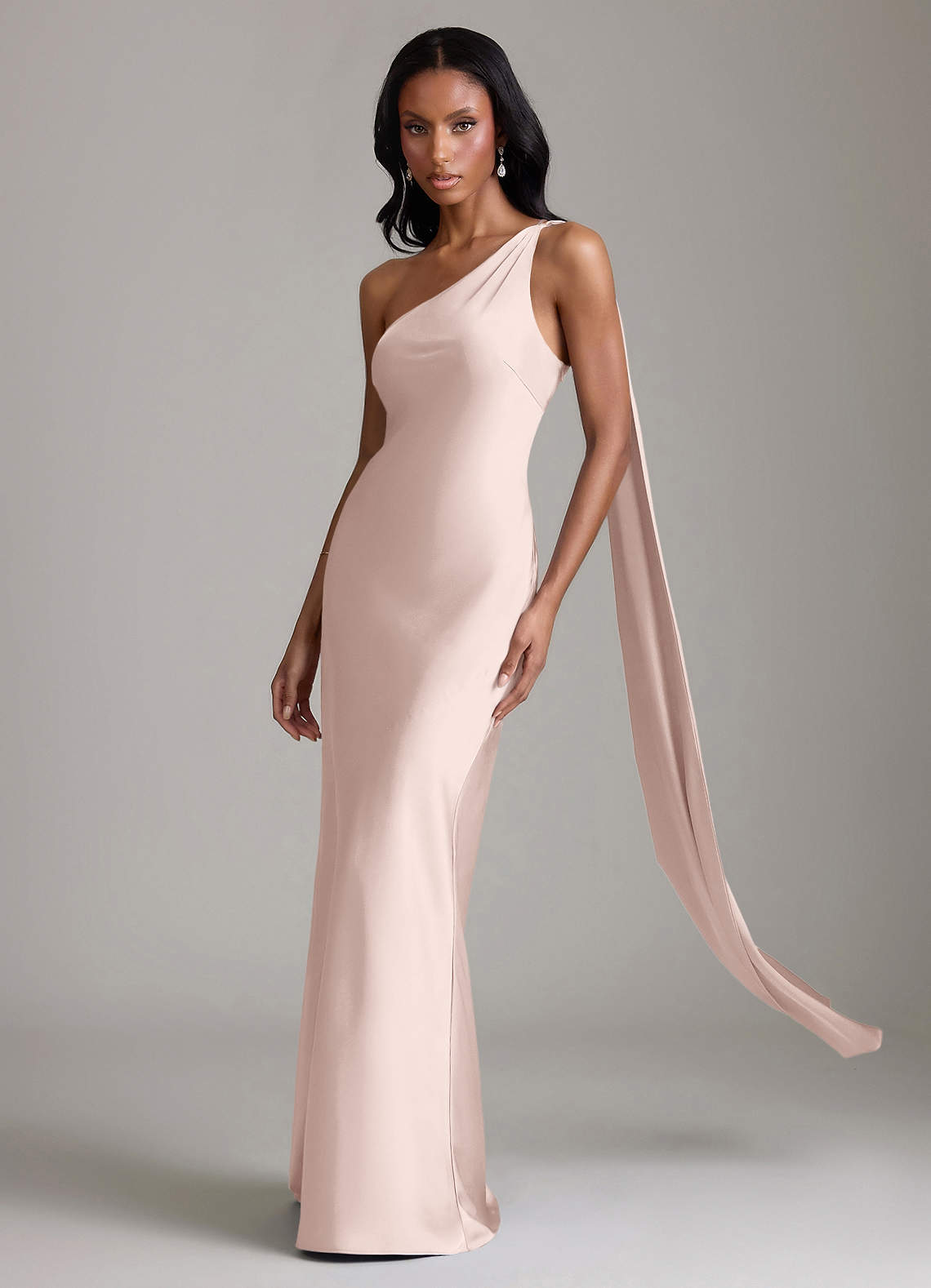 Juniper Mermaid One-Shoulder Stretch Satin Bridesmaid Dress in Blushing Pink